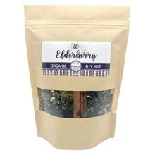 Load image into Gallery viewer, Make your own elderberry syrup in your home! All you need is a pan, water, strainer and sweetener of your choice. This kit is 100% organic and contains elderberries, echinacea, orange peel, aronia berries, star anise, cinnamon, ginger and cloves.
